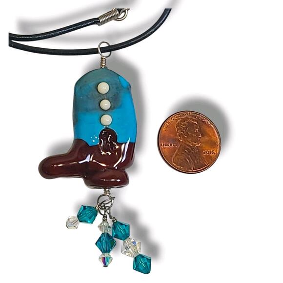 Lampwork Glass‎ Cowboy Boot Pendant Necklace Leather Cord Sterling Silver Clasp - Picture 4 of 5